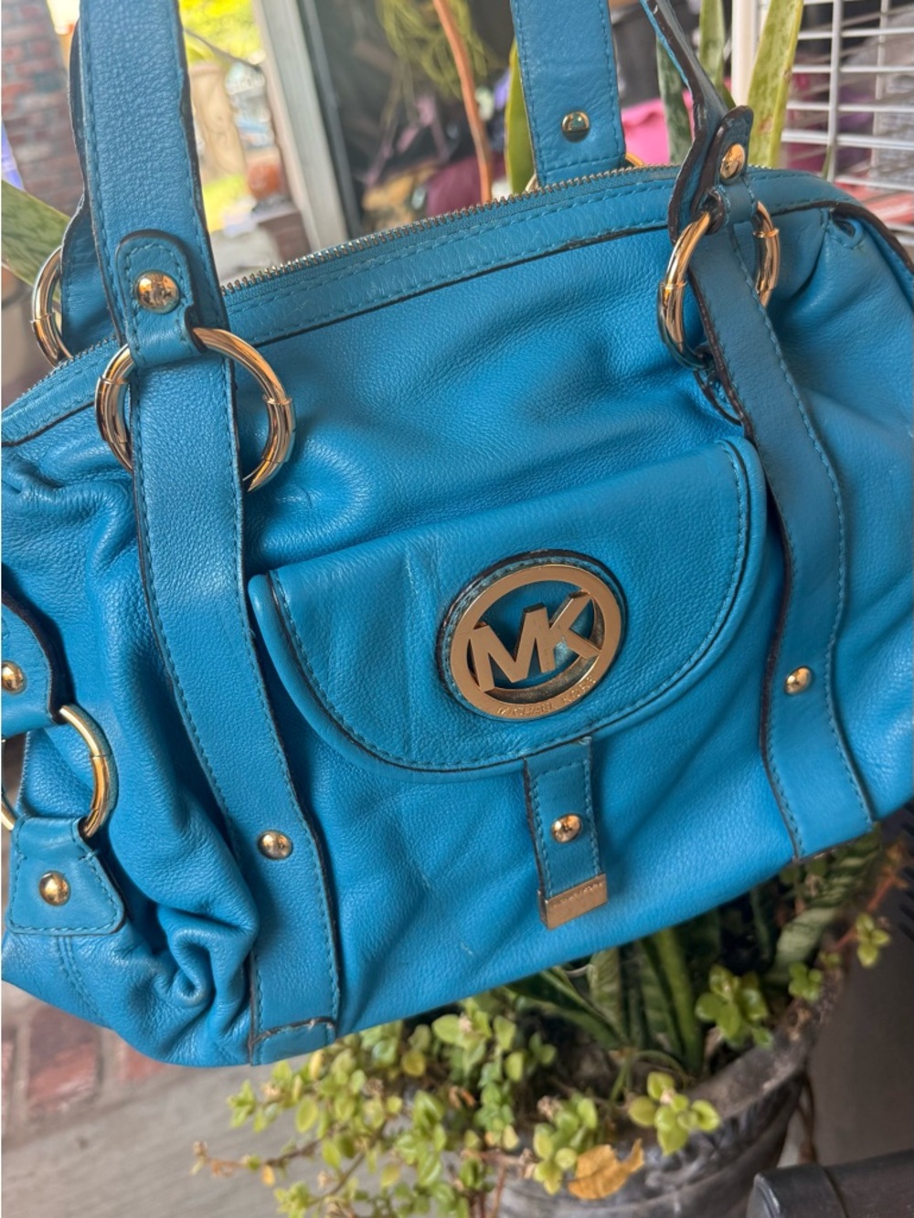 Michael Kors Teal Leather Shoulder Bag with Gold Hardware